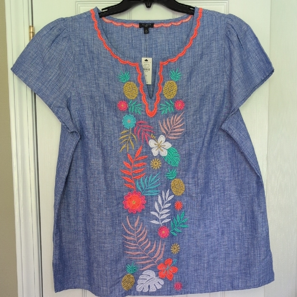 Talbots Pink and Orange Embellished Puff Sleeve Blouse